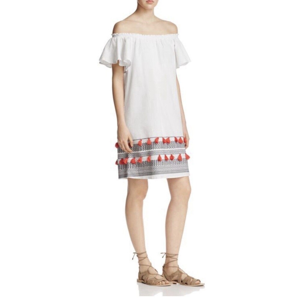 Piper By Townsen Embroidered Pom Pom Boho Tunic Dress White Size Small